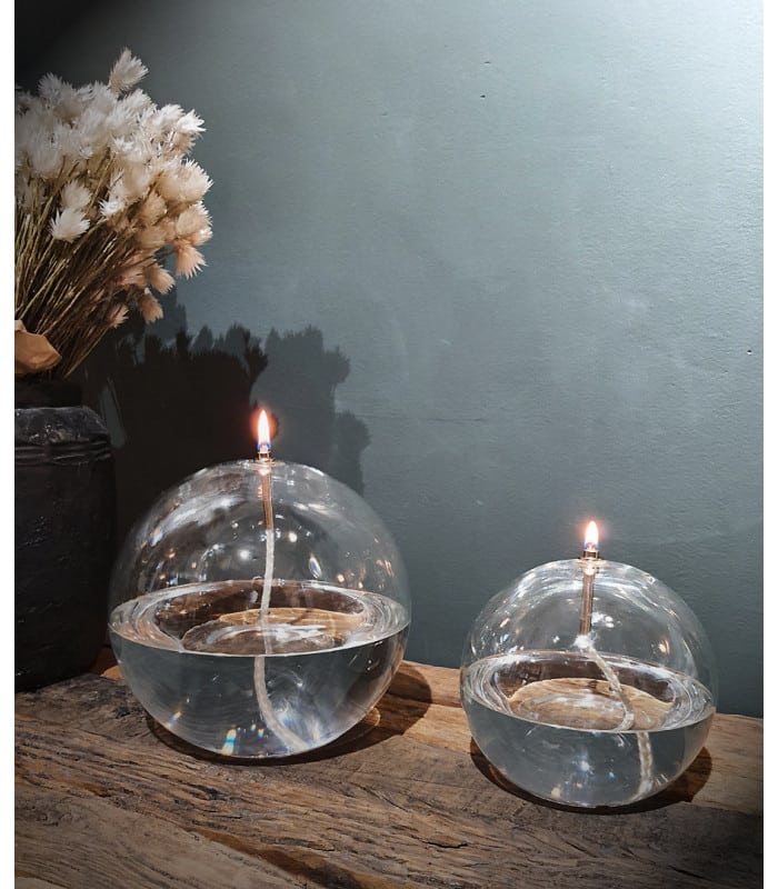 Trio de lampes à huile Sphère verre +1L huile